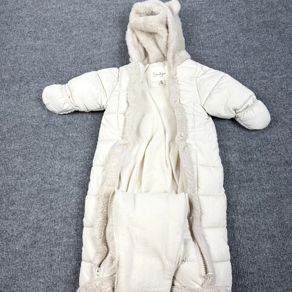 Jessica Simpson Snowsuit Girls 6-9 Months White Puffer Hooded Bear Ears‎ Winter